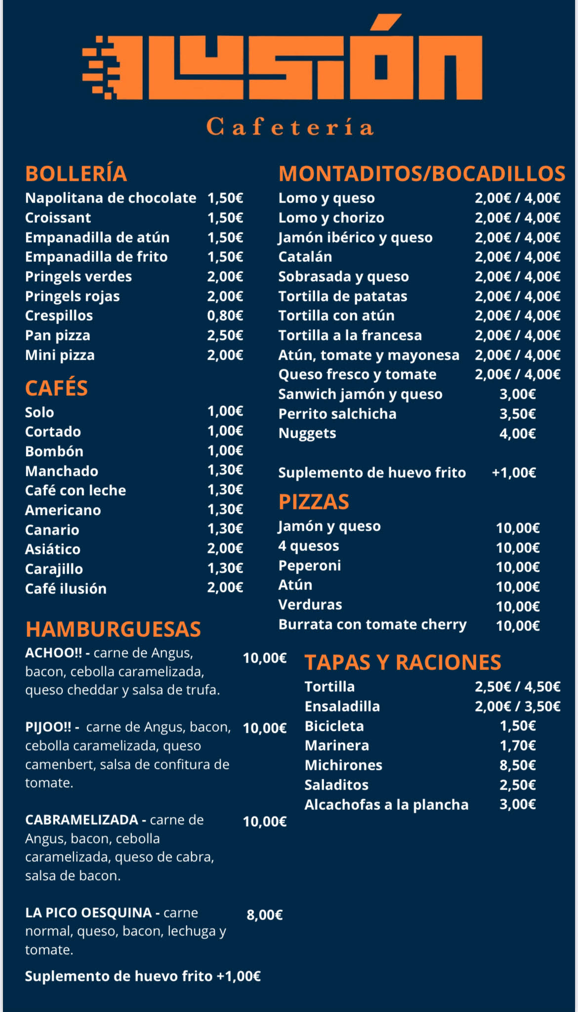 Foto de la carta de la cafetería